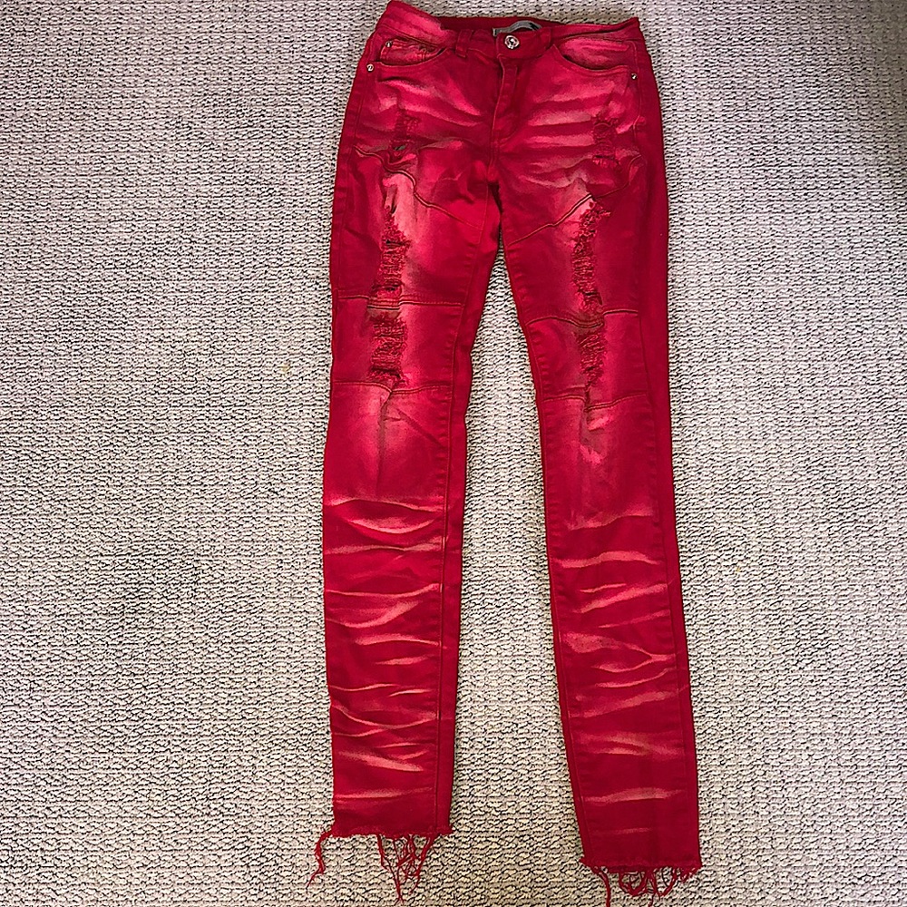 Red denim acid wash ripped jeans